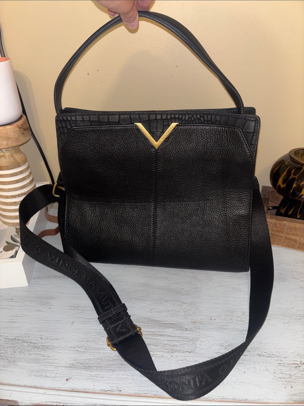 Vince Camuto Black Leather Top-Handle Shoulder Bag with Gold Accent